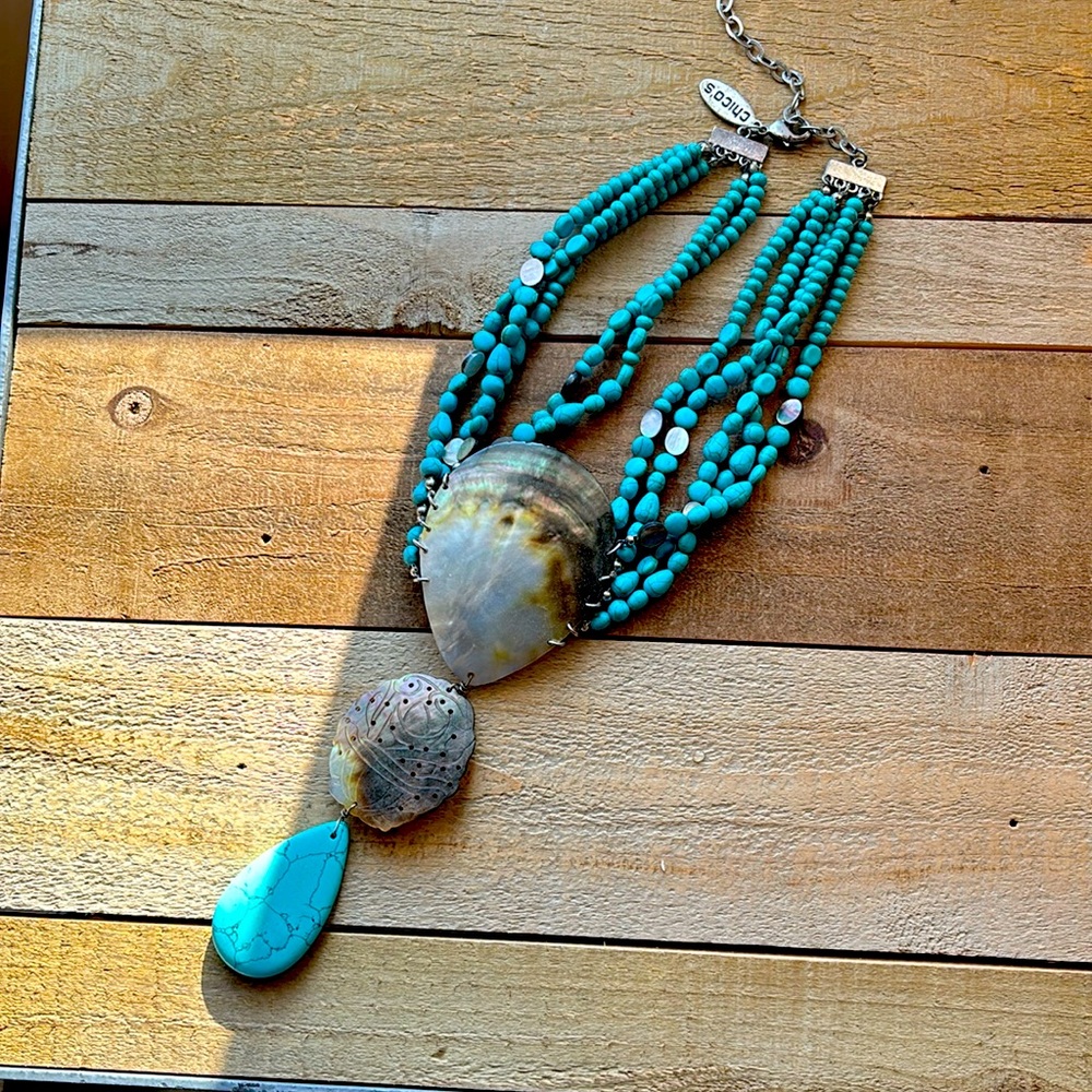 Stunning Chico’s turquoise and mother of pearl necklace.